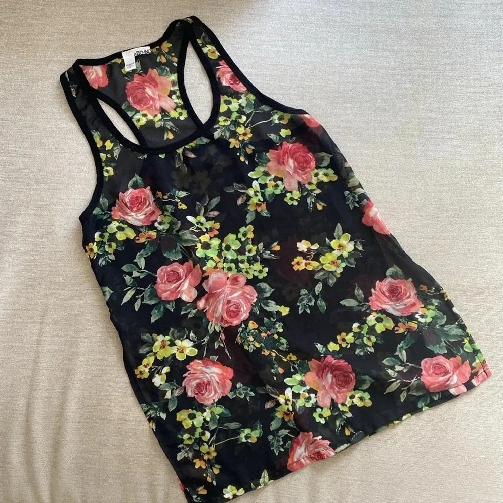 Abound Sheer Floral Roses Sleeveless Racer back Black Pink Blouse Size M - Picture 2 of 13